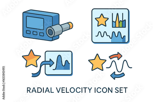 Radial Velocity Measurement Icons Set. Isometric Flat Vector Illustrations of Spectrograph, Star Spectrum Lines, Doppler Effect, Astronomical Data, Stellar Observation, Astrophysics Analysis Tools