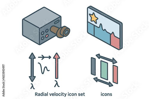 Radial velocity measurement vector icon set, isometric flat astronomy icons of Doppler shift, spectrograph, star spectrum, wavelength graph, scientific data analysis, astrophysics research