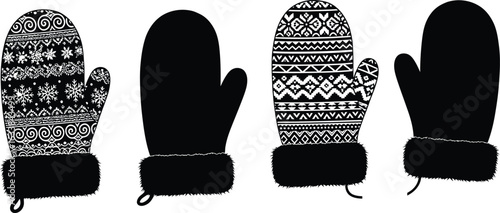 Four patterned and plain winter mittens silhouette