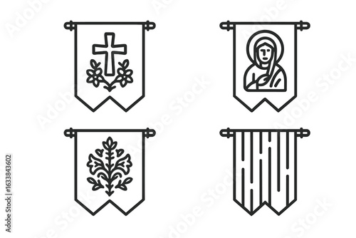 Set of 4 Outline Processional Banner Icons. Christian Cross, Saint Figure, Religious Floral Embroidery, Ornamental Textile, Medieval Church Decor, Line Art Vector, Transparent Background