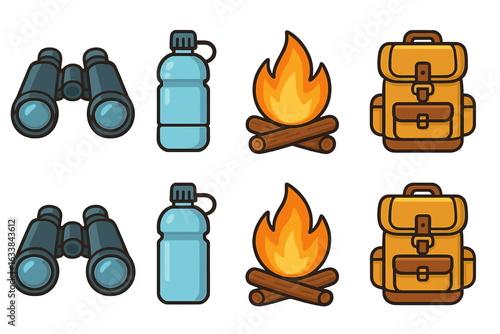 Camping essentials vector icons set. Binoculars, water bottles, campfire, hiking backpacks. Outdoor adventure equipment illustration. Travel supplies, survival gear, camping accessories, cartoon pack.