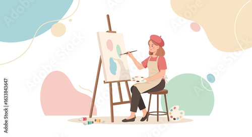Creative Woman Painting Abstract Shapes On Canvas In Her Art Studio