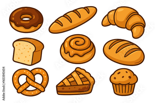 Cartoon bakery products assortment vector illustration with artisan pastry, sweets, fresh bread, croissant, donut, pretzel, pie, muffin, cinnamon roll, chocolate glaze, dessert icons set