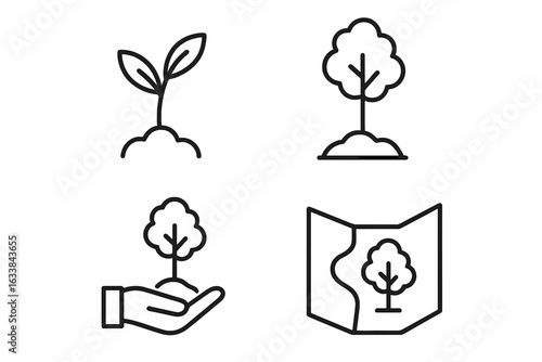 Reforestation linear icon set. Outline eco symbols for offset projects, seedling and sapling growth, tree planting, hand holding plant, forestry map. Environmental conservation vector illustration.
