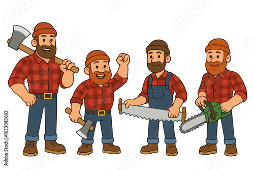 Cartoon Lumberjacks Holding Axes Saws Chainsaw Vector Illustration, Plaid Shirt Woodcutters Teamwork, Forestry Workers Set, Logging Industry Concept, Forest Work Tools, Transparent Background