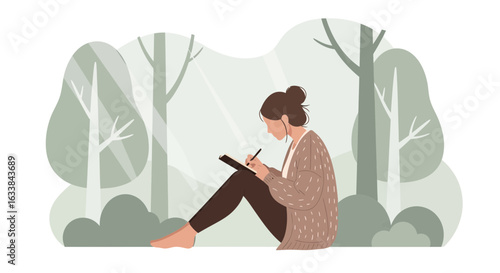 Creative Woman Writing In Nature's Embrace For Well Being And Inspiration