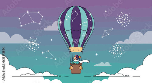 Dreamy Flight Into The Night Sky Among Star Constellations In Hot Air Balloon