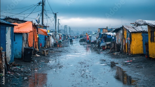 Beautiful photo of makeshift houses and tents create a shanty town along a wet path in a poor urban area, showcasing poverty and homelessness.