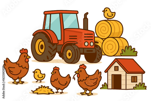 Cartoon Farm Illustration with Red Tractor, Chickens, Chicks, Hay Bales, Chicken Coop, and Barnyard Elements. Cute Agriculture Scene for Kids, Rural Life Concept, Farm Animals Vector Art