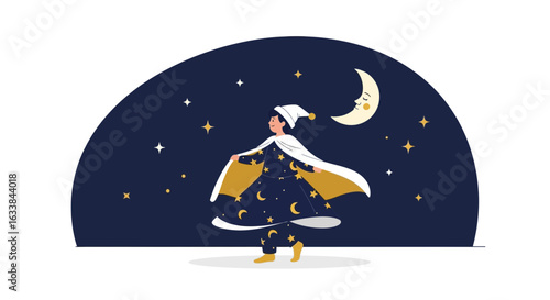 Dreamy Night Wanderer Amidst Celestial Stars And Moonlit Serenity Scene