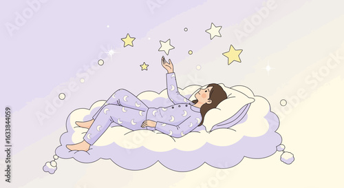 Dreamy Night With Stars Girl Lying On Cloud And Reaching For The Stars