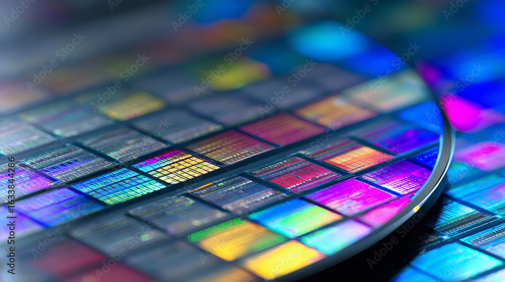 Obraz premium Colorful Microchips on a Semiconductor Wafer, Close-up