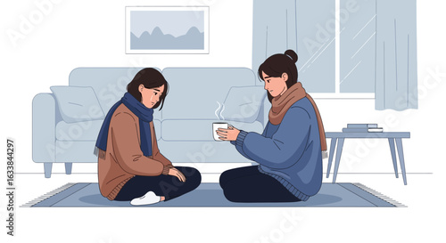 Comforting Support A Friend Offers Tea And Sympathy During A Difficult Time