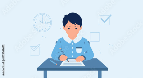 Concentrated Boy Completing An Assignment At His Desk With Clock And Checklist