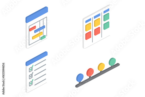 Isometric Project Management Tools Icon Set. Colorful Flat Gantt Chart, Kanban Board, Checklist, Timeline Illustrations. Workflow Planning, Task Organization, Agile Method, Productivity Concept Vector