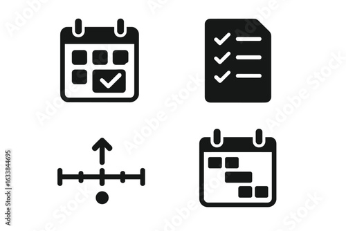 Project management solid icon set for planning and scheduling. Vector illustration of calendar with check mark, task checklist, milestone timeline, Gantt chart. Productivity, workflow tools.