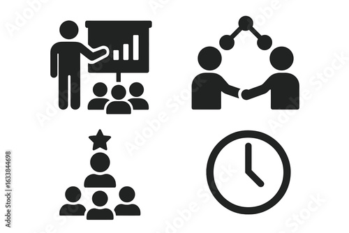 Professional Skills Icons Set. Solid Business Leadership, Teamwork, Presentation, Networking, Time Management, Training, Office Skills, Staff Hierarchy, Mentoring, Collaboration Vector Illustration
