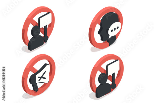 Isometric Protest Suppression Icons Set—Banned Speech, Censorship, Restricted Protest, No Megaphone, Protester Silhouette, Forbidden Dialogue, Activism Ban, 3D Vector Concept Illustration