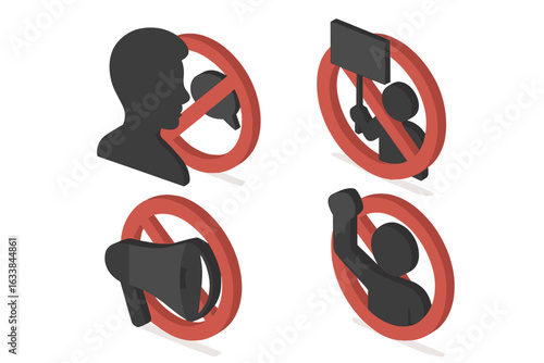 Isometric Protest Suppression Vector Icons Set – Silhouettes of Protesters with Ban Signs, Restricted Speech, No Megaphone, No Placards, Forbidden Demonstration, Social Issues Concept Illustration