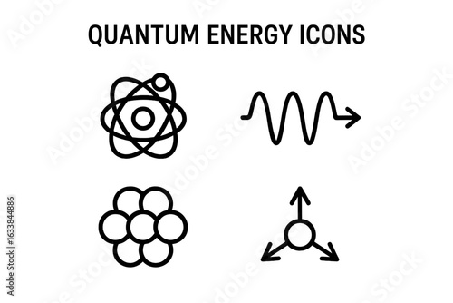 Quantum Energy Vector Icons Set. Outline atomic structure, electron orbit, photon wave, subatomic particle nucleus, quark interaction, fundamental physics symbols, scientific illustration