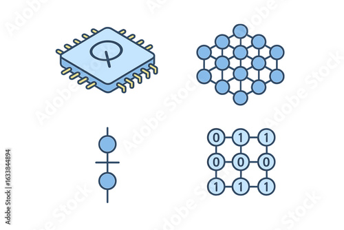 Quantum computing icons set, isometric vector of quantum processor chip, qubit circuit, neural network, binary matrix, technology, cybersecurity, AI, data encryption, innovation, illustration