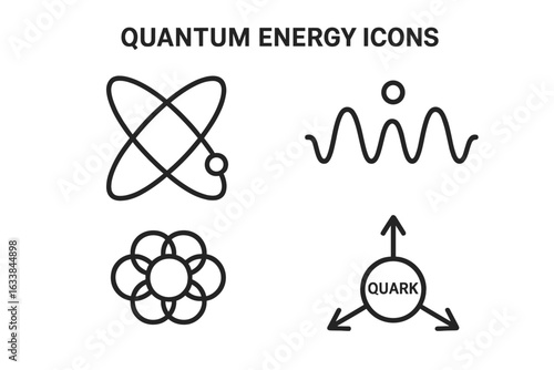 Quantum Energy Icons Set. Outline Vector Illustrations of Electron Orbit, Photon Wave, Atomic Nucleus, Quark Model. Subatomic Particle Physics, Science Symbols, Technology, Quantum Mechanics Concepts