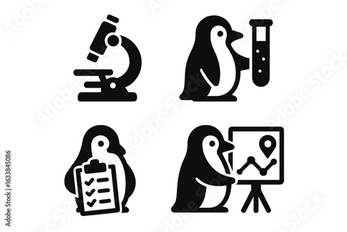 Cute Penguin Scientist Icons Set – Laboratory Research, Experiment, Data Analysis, Microscope, Checklist, Presentation, Chemistry, Science Education, Lab Technology, Academic Research Vector