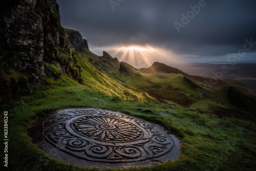 Dramatic sunrise over sculpted stone circle on Scottish hillside