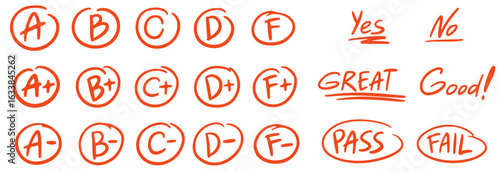 English test exam red pen mark set. School teacher test. Crayon school test results different hand drawn signs. Teacher scores of student homework. A B C D Doodle hand drawn vector illustration