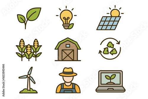 Collection of Sustainable Resource Icons Featuring Agriculture, Renewable Energy, and Technology for Rural Development, Eco-Friendly Farming, Green Innovation Vector Illustration