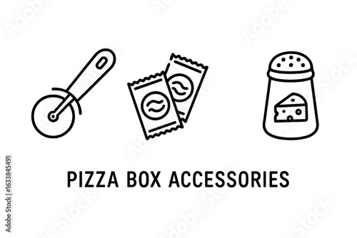 Pizza box accessories outline icons set. Pizza cutter tool, dipping sauce packets, parmesan cheese shaker. Fast food delivery extras, tableware, condiments. Vector line illustration bundle.