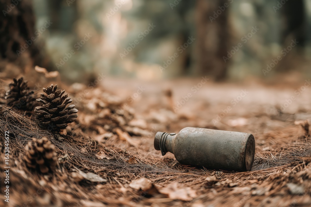 Fototapeta premium Abandoned Weathered Plastic Bottle Surrounded by Pine Cones on Forest Floor