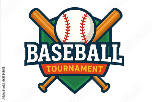 Baseball tournament emblem vector. Colorful sports badge with crossed bats, baseball ball, shield, and tournament ribbon. Athletic event logo. Sports league insignia. Team competition icon.