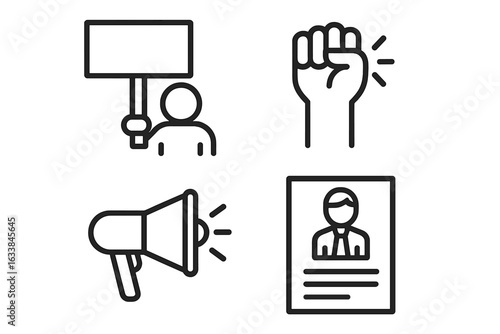 Political rally icons set. Outline vector illustration of protest sign, supporter, raised fist, megaphone, campaign poster, voting, activism, demonstration, election campaign, social movement symbols