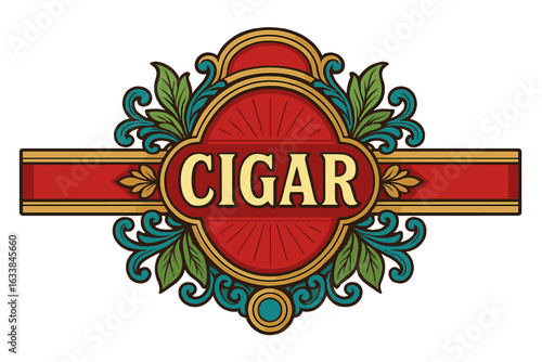 Vintage cigar band label vector design, ornate decorative badge template, luxury tobacco packaging emblem, classic retro style cigar branding, elegant gold red green ornament, isolated illustration