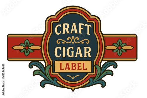 Vintage ornate craft cigar label vector template, decorative retro badge emblem, luxury tobacco branding design, classic print, cigar band, blank editable layout, elegant color illustration