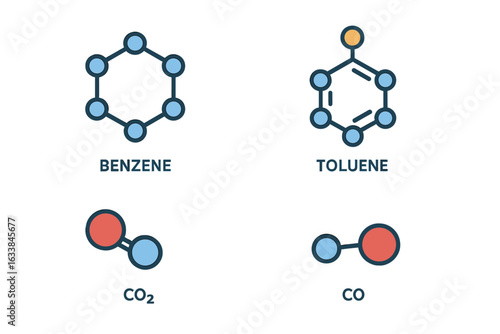 Isometric Vector Icon Set of Environmental Pollutant Molecules Benzene Ring Toluene Molecule Carbon Monoxide CO Carbon Dioxide CO2 Chemistry Pollution Science Illustration