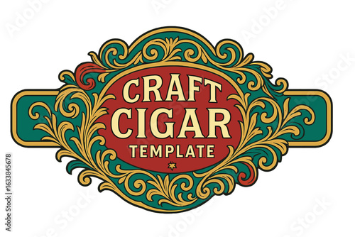 Ornate Craft Cigar Label Template Vector, Vintage Decorative Badge for Packaging, Classic Retro Emblem Design, Elegant Flourish Scroll Border, Editable Tobacco Branding Illustration