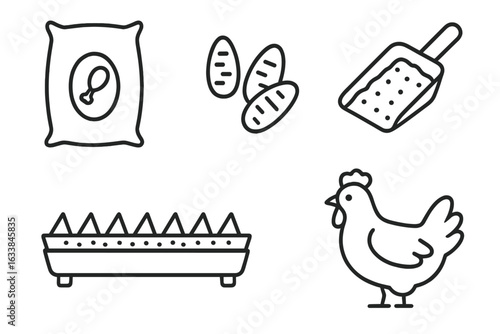 Chicken Feed Production Equipment Icons Set. Line Art Poultry Feed Bag, Grain, Scoop, Feeder, and Hen. Vector Illustration of Farm Food Tools, Agriculture Concept, Ingredients for Chicken Farming