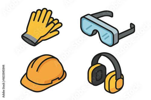 Personal Protective Equipment PPE Icon Set. Isometric Flat Vector Illustrations of Safety Gloves, Protective Goggles, Hard Hat Helmet, and Ear Muffs. Industrial Worker Safety Gear Accessories.