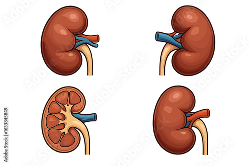 Human Kidney Vector Illustration Set. Multiple Anatomical Angles, Internal Structure Detail, Blood Vessel Connections, Renal Anatomy, Medical Cartoon Diagram, Isolated Transparent Background