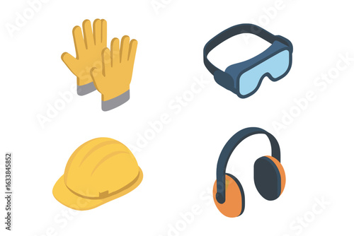 Isometric PPE Icon Set with Gloves, Safety Goggles, Hard Hat, and Ear Muffs. Protective Equipment Symbols for Workplace Safety, Industrial Labor, Construction, Manufacturing. Vector Illustration.