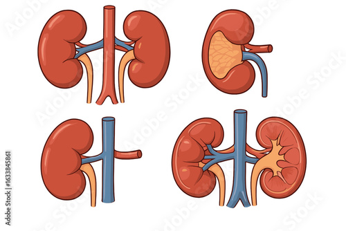 Human Kidney Anatomy Vector Illustration. Detailed medical cross-section showing renal structure, blood vessels, arteries, veins, and urinary system in healthy kidneys from multiple anatomical angles.