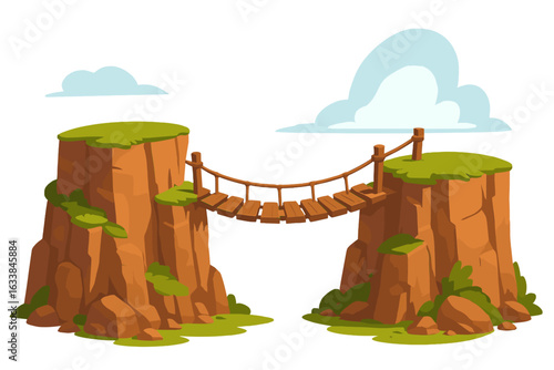 Cartoon vector illustration of dramatic rocky cliffs connected by a suspended wooden rope bridge, over a canyon, lush greenery, blue sky and clouds, nature adventure landscape, travel concept