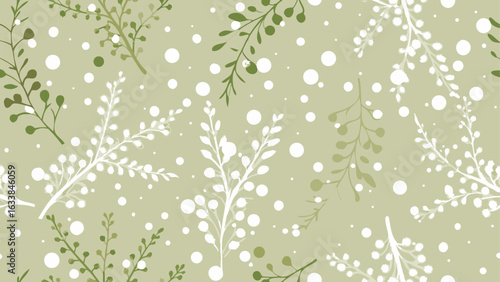 Botanical pattern with green and white foliage and scattered white dots on a light green background