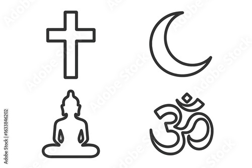 Religious icon outline set vector. Cross, crescent moon, Buddha silhouette, Om symbol. Minimalist religion icons for Christianity, Islam, Buddhism, Hinduism. Spiritual faith concept, editable stroke.