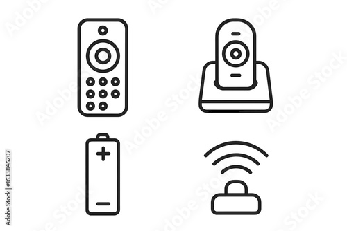 Remote control outline icon set. Modern vector illustration of remote controller, charging dock, battery icon, infrared signal, wireless technology, electronic device UI elements, black line symbols.