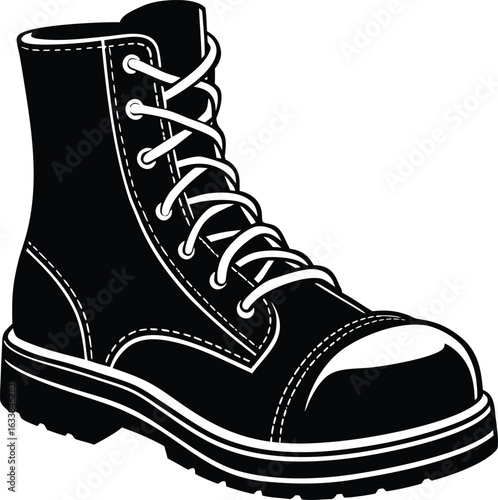 Vector art of a classic black leather work boot with white laces is displayed as a vector graphic illustration for fashion and safety