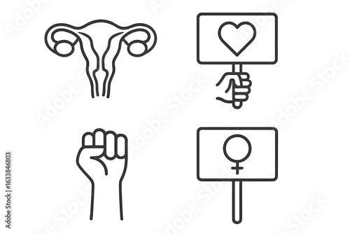 Reproductive rights protest icons set. Uterus outline, feminist raised fist, demonstration signs with heart and female gender symbol. Women’s health, equality, empowerment, social movement concept