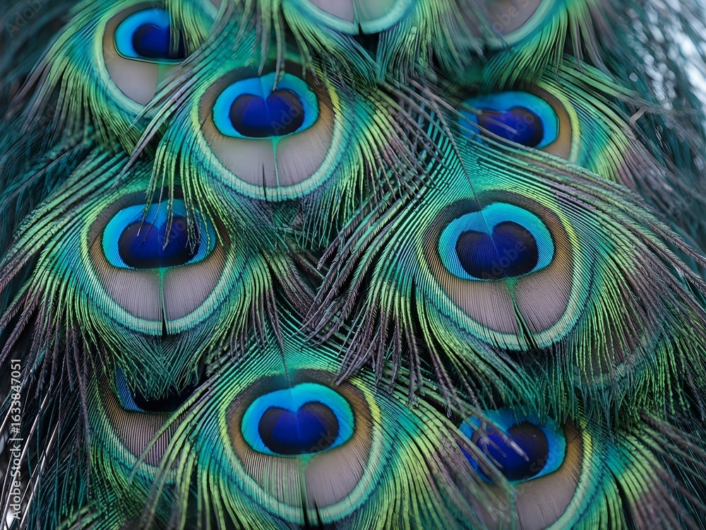 Fototapeta premium A highly detailed close-up photograph of vibrant peacock feathers